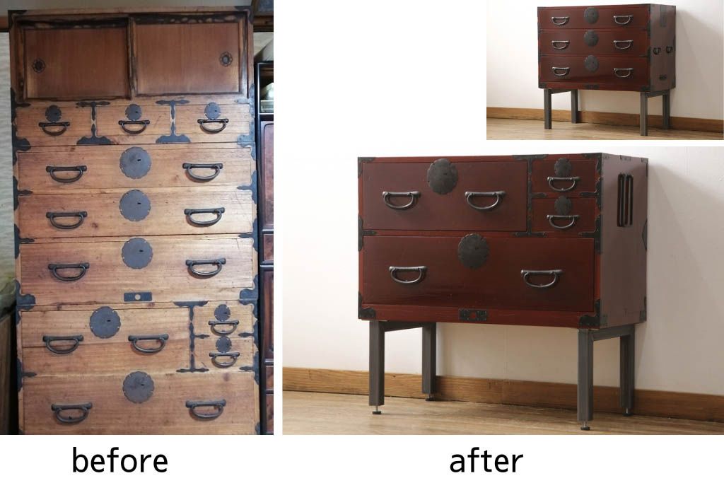 3段重ね桐箪笥の中段・下段を2つの脚付き箪笥にリメイク!中段は1段目をフラップダウン扉に変更。どちらも天板補強とガラス板を追加し、アイアン脚と引き出しにスライドレールを追加。カシュー塗料で仕上げ。