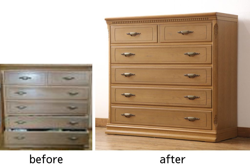 整理箪笥を小さくリメイク!奥行きをカットして、天板を固定。本体の色味に合わせて仕上げ。