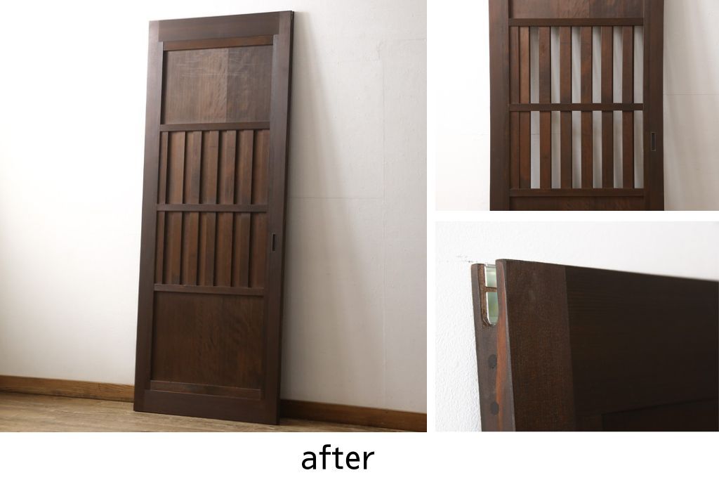 無双戸の大きさを変えてリメイク!ご希望のサイズに加工し、新たに戸枠を制作。上吊り戸車仕様し、揺れ止め溝を加工。現状の色をベースに着色仕上げ。