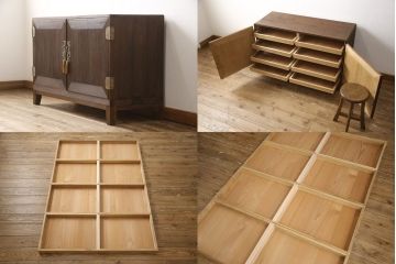 3段重ね桐箪笥を2つのサイドボードとローチェストにリメイク!上段は引き戸にガラスをはめ込み、引手を交換。チェス系に着色。中段は内部中央に仕切りを製作し衣装盆を8杯に変更。オーク系に着色。上・中段は天板を補強し、脚を取り付け。下段は高品質リペアを施し、クリアワックス仕上げに。