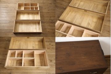 3段重ね桐箪笥をサイドボード、ローチェスト、ローボードにリメイク!上段の引き戸にはガラスをはめ込み、引手を交換。天板と木製脚を取り付け。中段は1段目の引き出し内に仕切りを製作。下段は1段目をフラップダウン扉にし、キャスターを取り付け。いずれもオーク系に着色仕上げ。