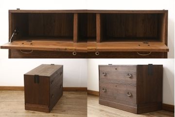 3段重ね桐箪笥をサイドボード、ローチェスト、ローボードにリメイク!上段の引き戸にはガラスをはめ込み、引手を交換。天板と木製脚を取り付け。中段は1段目の引き出し内に仕切りを製作。下段は1段目をフラップダウン扉にし、キャスターを取り付け。いずれもオーク系に着色仕上げ。