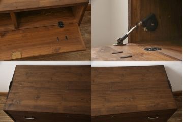 3段重ね桐箪笥をサイドボード、ローチェスト、ローボードにリメイク!上段の引き戸にはガラスをはめ込み、引手を交換。天板と木製脚を取り付け。中段は1段目の引き出し内に仕切りを製作。下段は1段目をフラップダウン扉にし、キャスターを取り付け。いずれもオーク系に着色仕上げ。