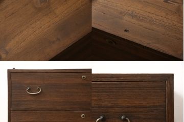 3段重ね桐箪笥をサイドボード、ローチェスト、ローボードにリメイク!上段の引き戸にはガラスをはめ込み、引手を交換。天板と木製脚を取り付け。中段は1段目の引き出し内に仕切りを製作。下段は1段目をフラップダウン扉にし、キャスターを取り付け。いずれもオーク系に着色仕上げ。