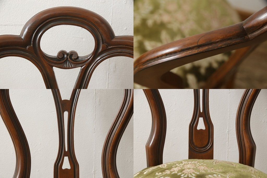 チェアの張地を交換してリメイク!4脚のうち1脚は高品質リペアのみを行い、残り3脚はクッションを交換してご希望の生地に張り替え。いずれもワントーン落ち着いた色に着色仕上げ。