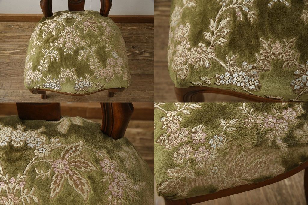 チェアの張地を交換してリメイク!4脚のうち1脚は高品質リペアのみを行い、残り3脚はクッションを交換してご希望の生地に張り替え。いずれもワントーン落ち着いた色に着色仕上げ。