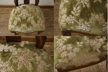 チェアの張地を交換してリメイク!4脚のうち1脚は高品質リペアのみを行い、残り3脚はクッションを交換してご希望の生地に張り替え。いずれもワントーン落ち着いた色に着色仕上げ。
