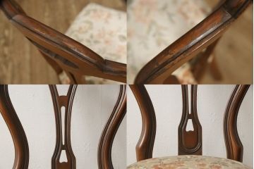 チェアの張地を交換してリメイク!4脚のうち1脚は高品質リペアのみを行い、残り3脚はクッションを交換してご希望の生地に張り替え。いずれもワントーン落ち着いた色に着色仕上げ。