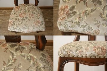 チェアの張地を交換してリメイク!4脚のうち1脚は高品質リペアのみを行い、残り3脚はクッションを交換してご希望の生地に張り替え。いずれもワントーン落ち着いた色に着色仕上げ。