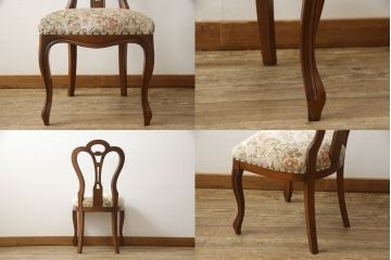 チェアの張地を交換してリメイク!4脚のうち1脚は高品質リペアのみを行い、残り3脚はクッションを交換してご希望の生地に張り替え。いずれもワントーン落ち着いた色に着色仕上げ。