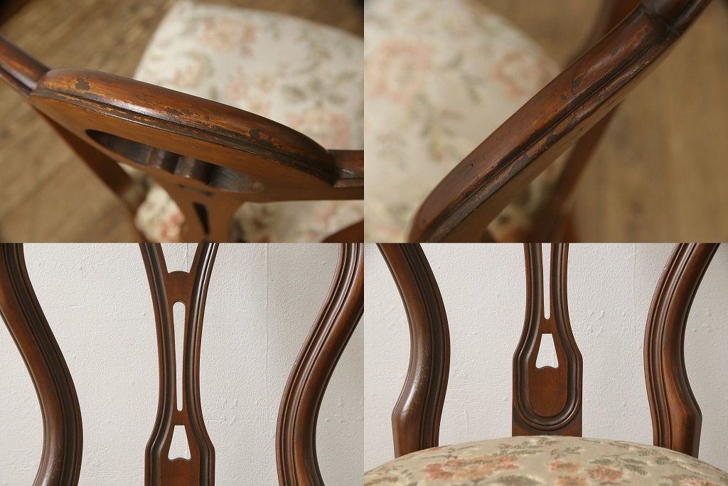 チェアの張地を交換してリメイク!4脚のうち1脚は高品質リペアのみを行い、残り3脚はクッションを交換してご希望の生地に張り替え。いずれもワントーン落ち着いた色に着色仕上げ。