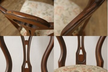 チェアの張地を交換してリメイク!4脚のうち1脚は高品質リペアのみを行い、残り3脚はクッションを交換してご希望の生地に張り替え。いずれもワントーン落ち着いた色に着色仕上げ。