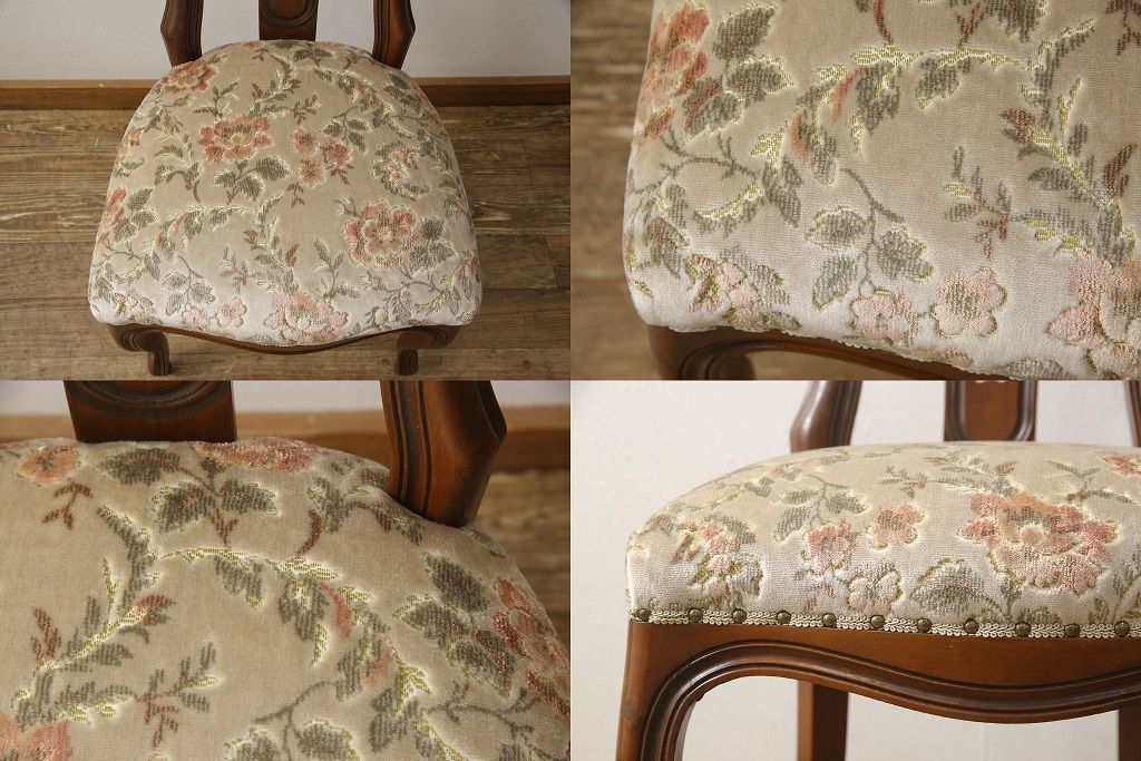 チェアの張地を交換してリメイク!4脚のうち1脚は高品質リペアのみを行い、残り3脚はクッションを交換してご希望の生地に張り替え。いずれもワントーン落ち着いた色に着色仕上げ。