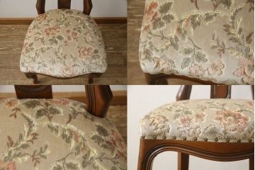 チェアの張地を交換してリメイク!4脚のうち1脚は高品質リペアのみを行い、残り3脚はクッションを交換してご希望の生地に張り替え。いずれもワントーン落ち着いた色に着色仕上げ。