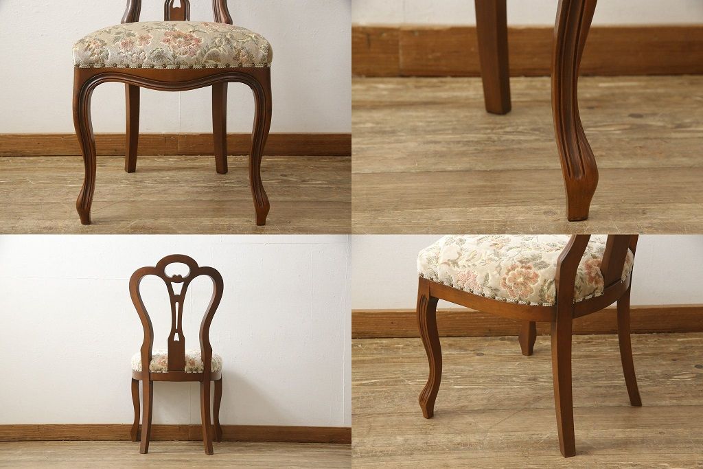 チェアの張地を交換してリメイク!4脚のうち1脚は高品質リペアのみを行い、残り3脚はクッションを交換してご希望の生地に張り替え。いずれもワントーン落ち着いた色に着色仕上げ。