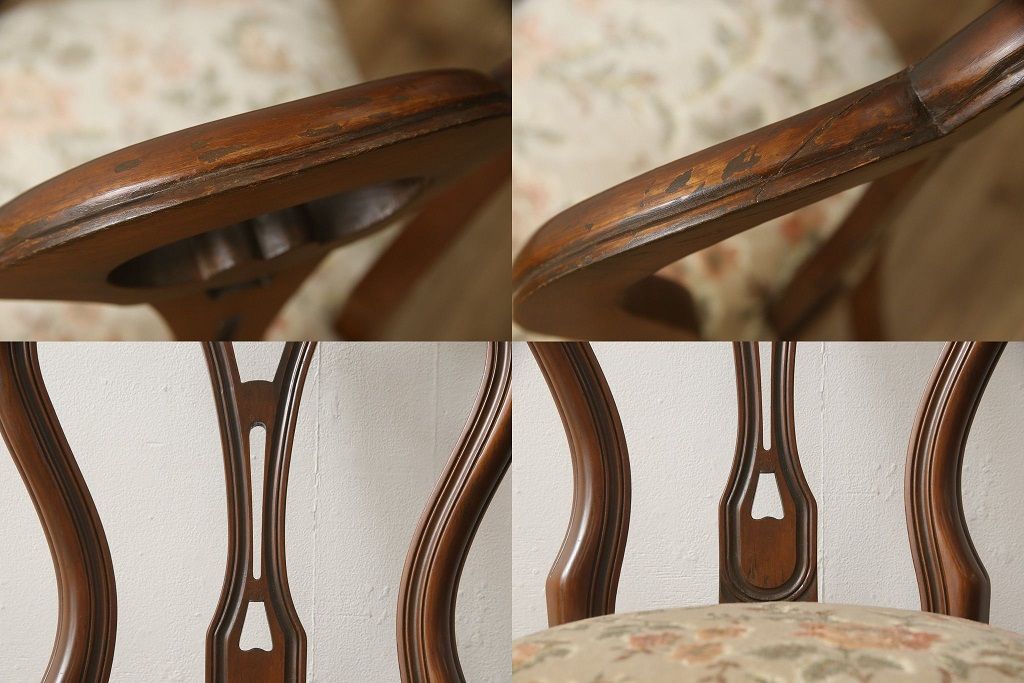 チェアの張地を交換してリメイク!4脚のうち1脚は高品質リペアのみを行い、残り3脚はクッションを交換してご希望の生地に張り替え。いずれもワントーン落ち着いた色に着色仕上げ。