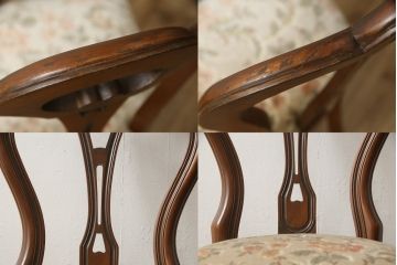 チェアの張地を交換してリメイク!4脚のうち1脚は高品質リペアのみを行い、残り3脚はクッションを交換してご希望の生地に張り替え。いずれもワントーン落ち着いた色に着色仕上げ。