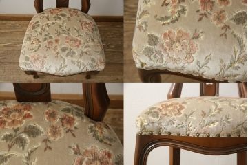 チェアの張地を交換してリメイク!4脚のうち1脚は高品質リペアのみを行い、残り3脚はクッションを交換してご希望の生地に張り替え。いずれもワントーン落ち着いた色に着色仕上げ。