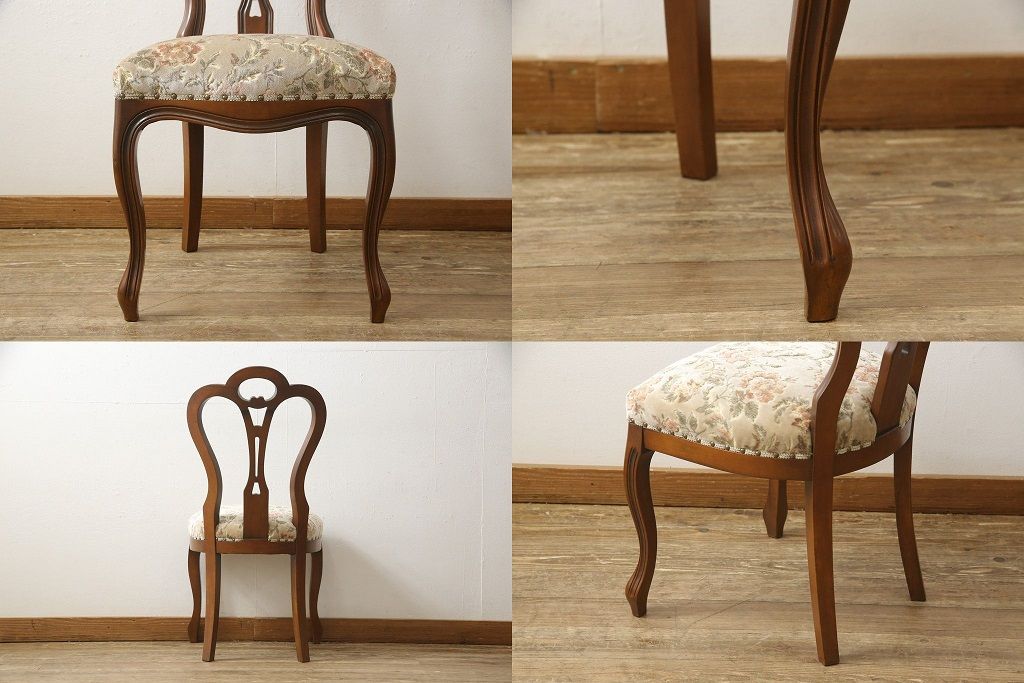チェアの張地を交換してリメイク!4脚のうち1脚は高品質リペアのみを行い、残り3脚はクッションを交換してご希望の生地に張り替え。いずれもワントーン落ち着いた色に着色仕上げ。