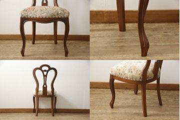 チェアの張地を交換してリメイク!4脚のうち1脚は高品質リペアのみを行い、残り3脚はクッションを交換してご希望の生地に張り替え。いずれもワントーン落ち着いた色に着色仕上げ。