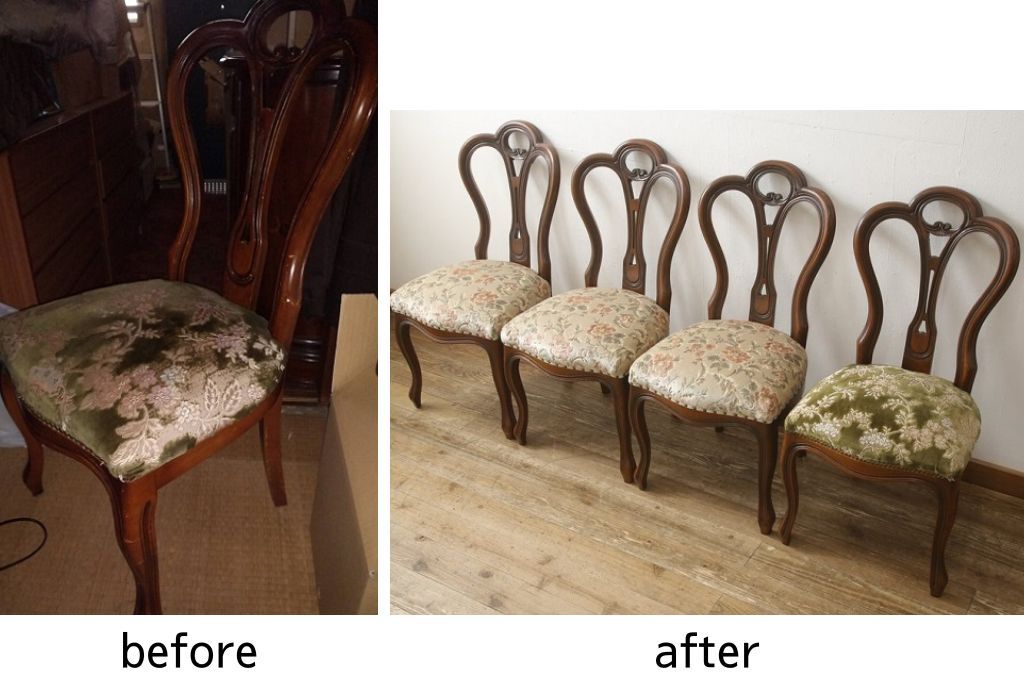 チェアの張地を交換してリメイク!4脚のうち1脚は高品質リペアのみを行い、残り3脚はクッションを交換してご希望の生地に張り替え。いずれもワントーン落ち着いた色に着色仕上げ。