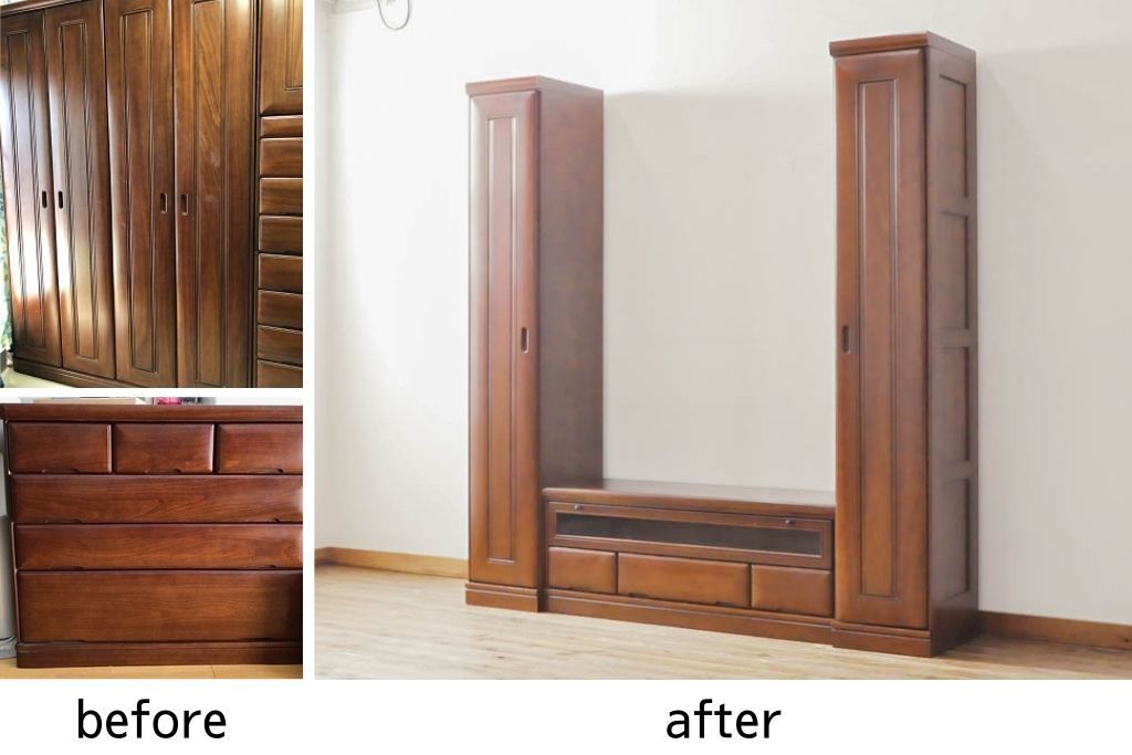 ワードローブを収納棚に、チェストをテレビ台にリメイク!ワードローブを希望のサイズにカットし2つの収納棚に加工、内部に可動式の棚板を設置。チェストをリサイズして1段目の引き出しを利用しテレビ台に。上部にガラス入りのフラップダウン扉を設置。いずれも元の色味に合わせて着色仕上げ。