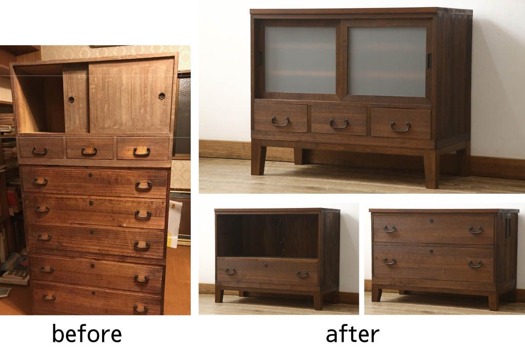 3段重ね桐箪笥を3つのローボードにリメイク!上段の引き戸にはすりガラスをはめ込み、引手を交換。内部に可動式タイプの棚板を製作。中段は棹通しと上2段の引き出しを撤去し、オープン仕様に変更。下段は一段目のみフラップダウン扉に変更。いずれも脚を付け、天板補強・取り付け。オーク系に着色仕上げ。