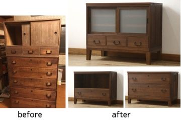 3段重ね桐箪笥を3つのローボードにリメイク!上段の引き戸にはすりガラスをはめ込み、引手を交換。内部に可動式タイプの棚板を製作。中段は棹通しと上2段の引き出しを撤去し、オープン仕様に変更。下段は一段目のみフラップダウン扉に変更。いずれも脚を付け、天板補強・取り付け。オーク系に着色仕上げ。