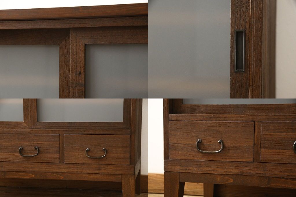 3段重ね桐箪笥を3つのローボードにリメイク!上段の引き戸にはすりガラスをはめ込み、引手を交換。内部に可動式タイプの棚板を製作。中段は棹通しと上2段の引き出しを撤去し、オープン仕様に変更。下段は一段目のみフラップダウン扉に変更。いずれも脚を付け、天板補強・取り付け。オーク系に着色仕上げ。