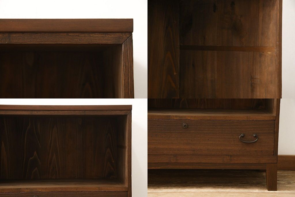 3段重ね桐箪笥を3つのローボードにリメイク!上段の引き戸にはすりガラスをはめ込み、引手を交換。内部に可動式タイプの棚板を製作。中段は棹通しと上2段の引き出しを撤去し、オープン仕様に変更。下段は一段目のみフラップダウン扉に変更。いずれも脚を付け、天板補強・取り付け。オーク系に着色仕上げ。