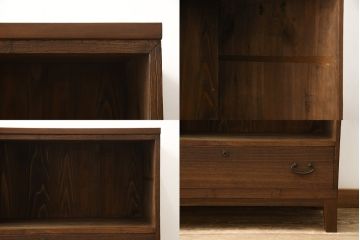 3段重ね桐箪笥を3つのローボードにリメイク!上段の引き戸にはすりガラスをはめ込み、引手を交換。内部に可動式タイプの棚板を製作。中段は棹通しと上2段の引き出しを撤去し、オープン仕様に変更。下段は一段目のみフラップダウン扉に変更。いずれも脚を付け、天板補強・取り付け。オーク系に着色仕上げ。