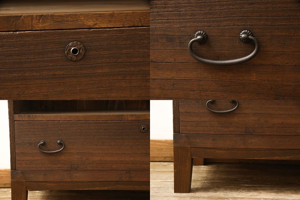 3段重ね桐箪笥を3つのローボードにリメイク!上段の引き戸にはすりガラスをはめ込み、引手を交換。内部に可動式タイプの棚板を製作。中段は棹通しと上2段の引き出しを撤去し、オープン仕様に変更。下段は一段目のみフラップダウン扉に変更。いずれも脚を付け、天板補強・取り付け。オーク系に着色仕上げ。