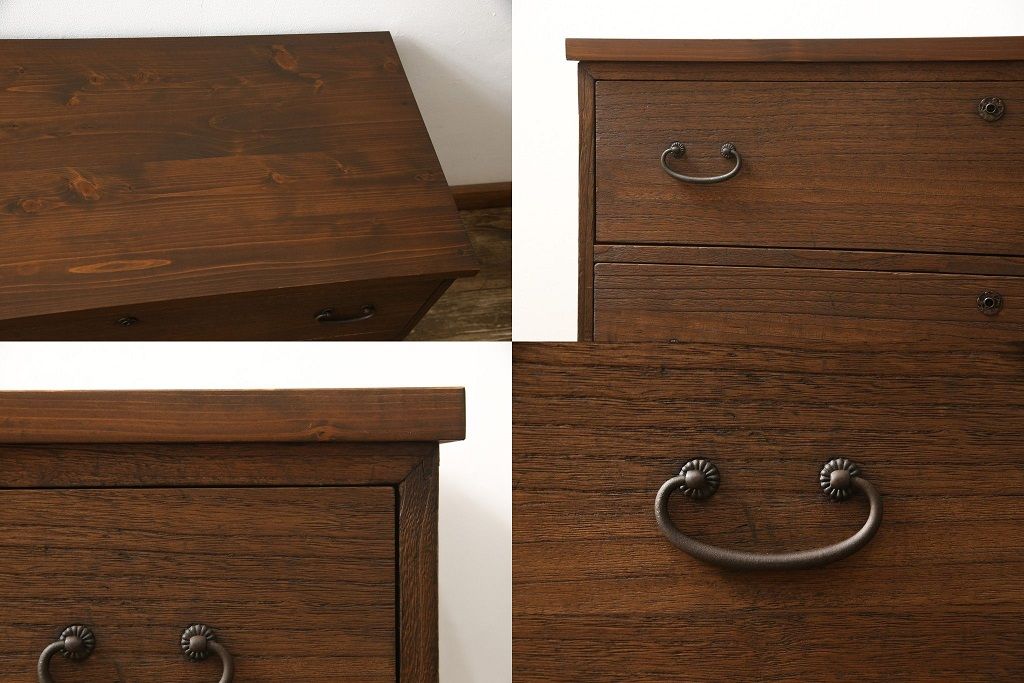 3段重ね桐箪笥を3つのローボードにリメイク!上段の引き戸にはすりガラスをはめ込み、引手を交換。内部に可動式タイプの棚板を製作。中段は棹通しと上2段の引き出しを撤去し、オープン仕様に変更。下段は一段目のみフラップダウン扉に変更。いずれも脚を付け、天板補強・取り付け。オーク系に着色仕上げ。