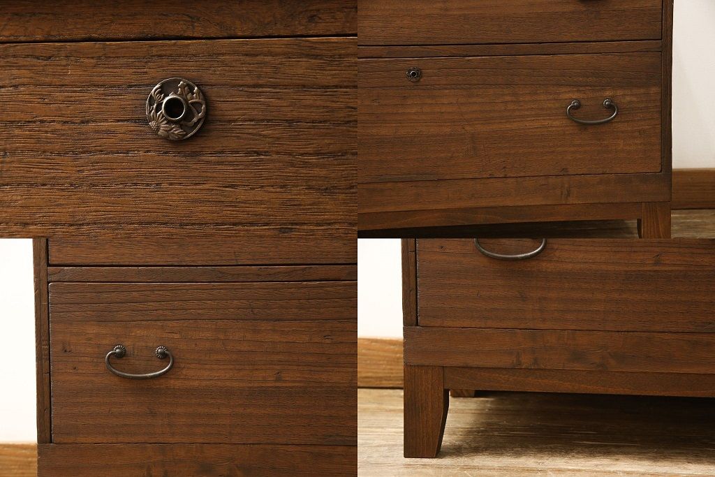 3段重ね桐箪笥を3つのローボードにリメイク!上段の引き戸にはすりガラスをはめ込み、引手を交換。内部に可動式タイプの棚板を製作。中段は棹通しと上2段の引き出しを撤去し、オープン仕様に変更。下段は一段目のみフラップダウン扉に変更。いずれも脚を付け、天板補強・取り付け。オーク系に着色仕上げ。