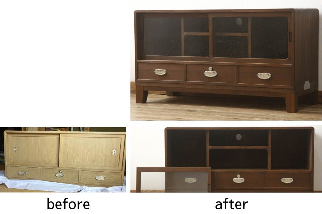桐箪笥をローボードにリメイク!引き戸に気泡ガラスをはめ込み、引手を交換。内部には新たに仕切りを製作。脚を取り付けて、ステイン仕上げ。