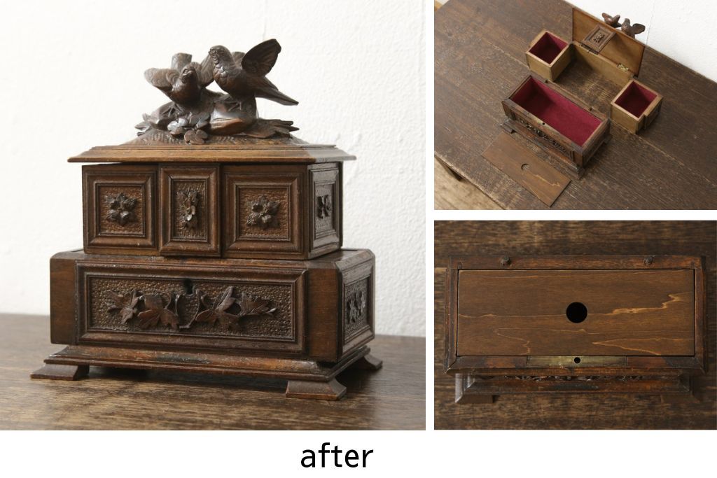 宝箱を大きくリメイク!下段部分を拡張し、上下段の内部生地を張り替え。拡張した部分は本体に合わせて着色仕上げ。