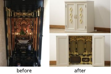 お仏壇をコンパクトにリメイク!指定サイズにリサイズし、本体扉は洋風の開き戸仕様に。内部の装飾はそのまま活用。扉のひし形飾りはアイボリー、それ以外は白でペイント。