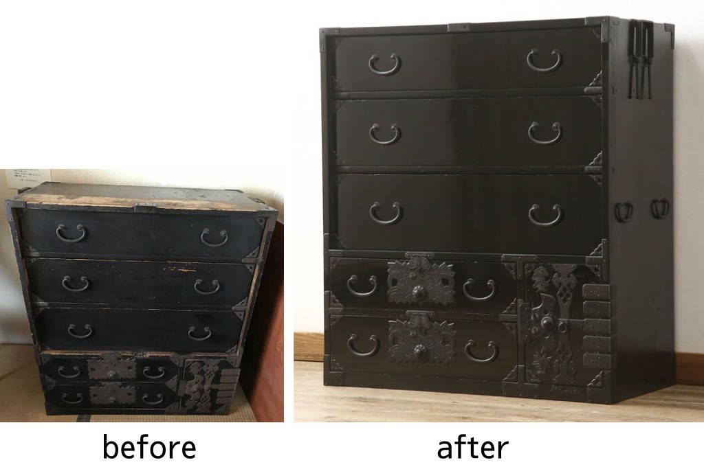 桐箪笥を綺麗に再生!金具の錆を落とし、外れていた箇所を付け直し。カシュー塗りの黒で着色仕上げ。
