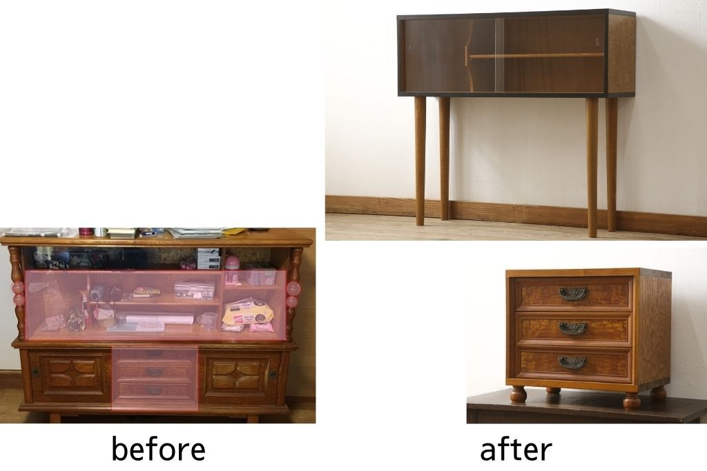 収納棚をサイドボードと小引き出しにリメイク!上段は脚を取り付け、ツートーンに塗装してサイドボードに。小引き出しは下段の引き出し3杯を活用。引き出し部分以外は新たに制作し、脚は既存の柱を移設。