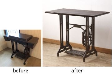 足踏みミシンをテーブルにリメイク!ミシン、配線等は撤去し、ヒノキ無垢材の天板に交換。天板をご希望の色に着色仕上げ。
