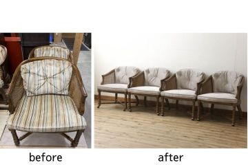 椅子4脚の布地を張り替えてリメイク!高品質リペアを施し、クッション部分の中綿を交換。生地はご希望のものに張り替え、塗装が剥げた部分は元の色に合うよう着色仕上げ。R-059453,オーダー976