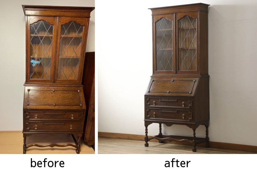 ビューローブックケースを綺麗に再生!高品質リペアを施し、ガラスの破損部分は交換。木部はワントーン落ち着いた色に着色仕上げ。