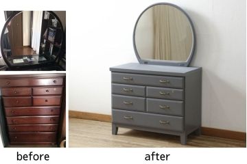 箪笥とドレッサーを使って新たなドレッサーにリメイク!整理箪笥の上4段を利用し、天板にミラーを移設。取っ手を交換し脚を取り付けて、ダークグレーにペイント仕上げ。