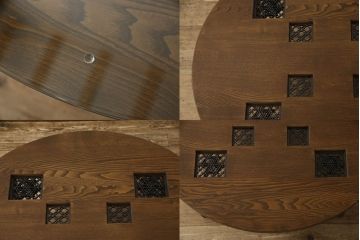 お仏壇を小型仏壇と丸テーブルにリメイク!小型仏壇の本体は桐材にて新規製作。内部の装飾には元の螺鈿細工を活用。丸テーブルは組子部分を装飾として使用し、上にガラス天板を。