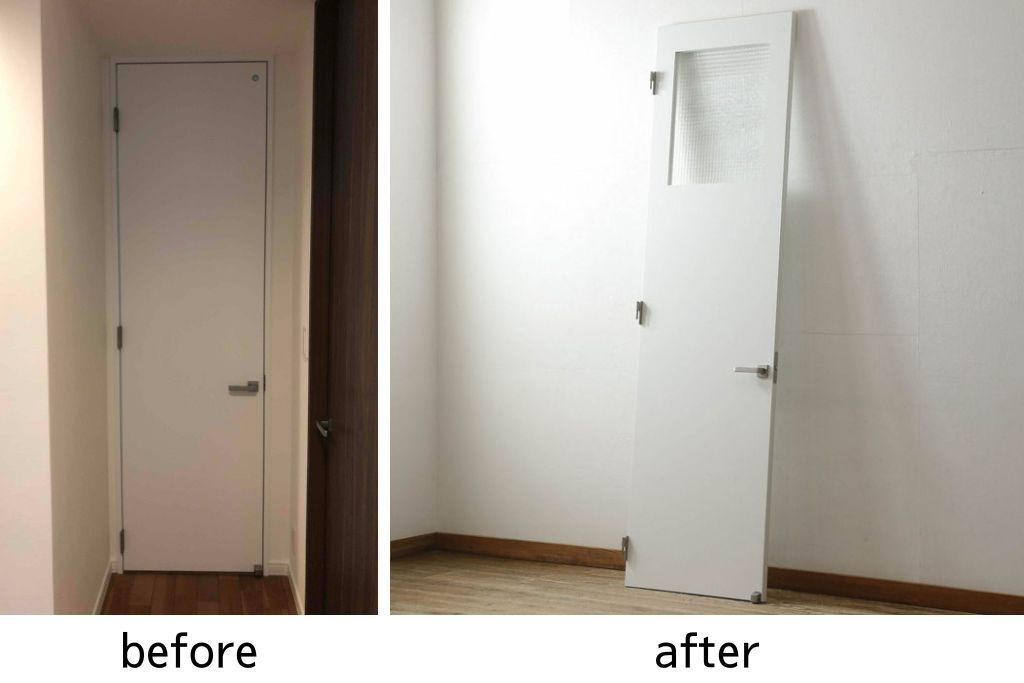 ドアを窓付ドアにリメイク!既存の小さな丸窓は穴埋めし、上部にチェッカーガラスをはめ込み明り取りを制作。