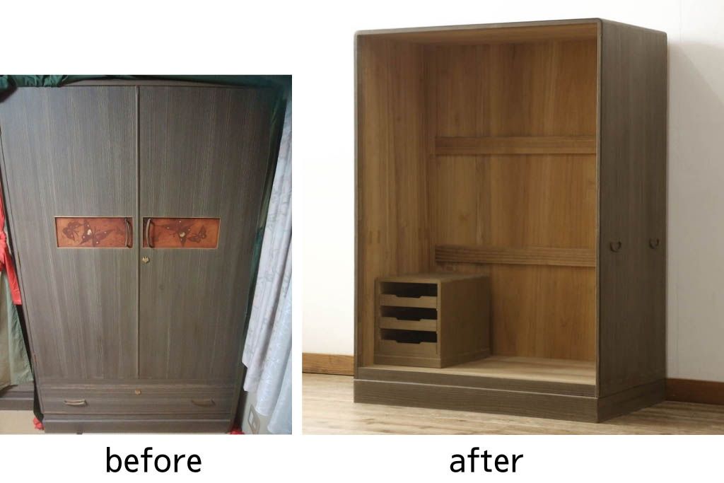 桐箪笥をオープンクローゼットにリメイク!扉と内部のポール、引き出しを撤去。新材部分は本体の色に馴染むよう着色。