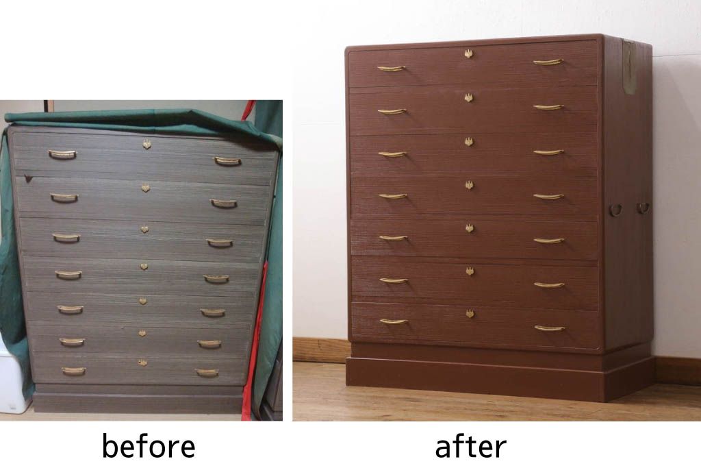 桐箪笥を着色リメイク!高品質リペアを施し、シナモンブラウンに着色仕上げ。
