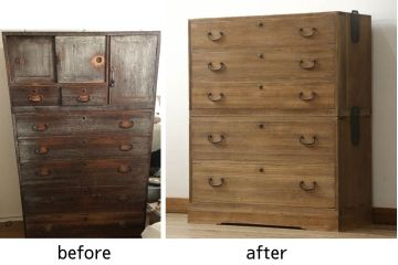 3段重ね桐箪笥の中・下段を2段重ね箪笥にリメイク!天板の強度を出すために裏から補強。元の色を基準にした木地色仕上げに。