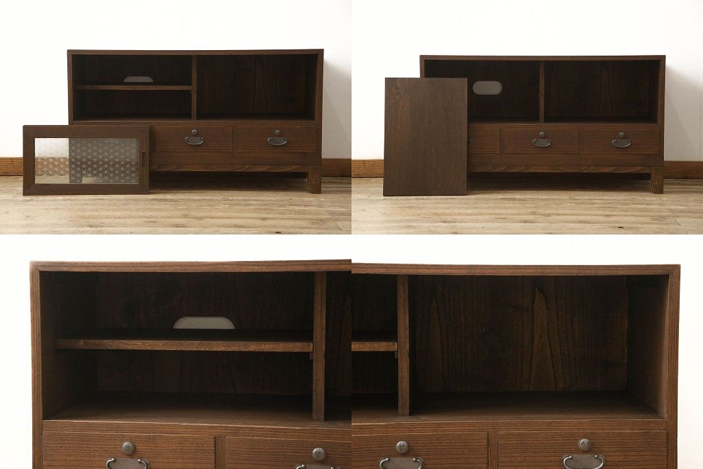 3段重ね桐箪笥をローボードと2段重ね箪笥にリメイク!上段は引き戸に麻の葉模様のガラスをはめ込み、引手を交換。脚を取り付けてオーク系で着色し、ローボードに。中段・下段は重ねても別々でも使える重ね箪笥に。中段の仕切りを棚板として使えるよう補強し、木地色仕上げに。