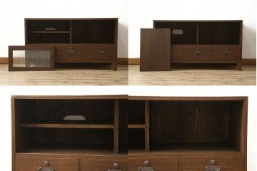 3段重ね桐箪笥をローボードと2段重ね箪笥にリメイク!上段は引き戸に麻の葉模様のガラスをはめ込み、引手を交換。脚を取り付けてオーク系で着色し、ローボードに。中段・下段は重ねても別々でも使える重ね箪笥に。中段の仕切りを棚板として使えるよう補強し、木地色仕上げに。